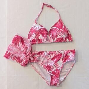 Girls Pink Tropical 3 Piece Bikini Set 11 Y Cover Up Vacation Swim Resort Beach